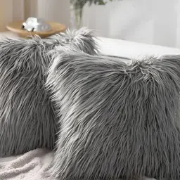 TANLOOMS Grey 2 Pieces Embellished Fur Square Cushion Covers-51