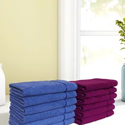 SPACES Set of 12 Navy Blue & Magenta Solid Pure Cotton 380 GSM Hand Towels-36