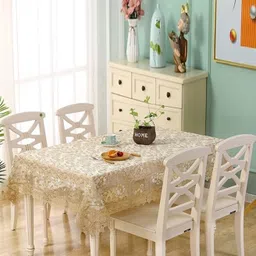 TANLOOMS White & Gold Toned Floral Embroidered Anti-Skid Rectangle Table Cover-19