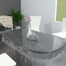 TANLOOMS Transparent & Silver Toned Waterproof Oval 6-Seater Table Cover-58
