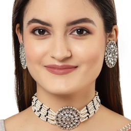 KARATCART Silver-Plated White & Black Kundan Studded & Beaded Oxidised Jewellery Set-picture-46