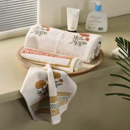 peepul tree Hand Block Printed 100% Pure Cotton Floral Rust & Mustardl 240 GSM Super Absorbent 2 Hand, 2 Face & 1 Bath Towel Set-picture-12
