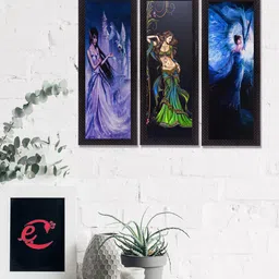 eCraftIndia Set Of 3 Blue & Black Beautiful Angels Satin Matt Texture UV Wall Art-23