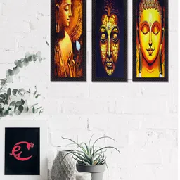 eCraftIndia Set Of 3 Gold-Toned & Blue Lord Buddha Satin Matt Texture UV Wall Art-16