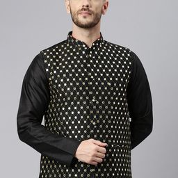 Hangup Men Black & Gold-Coloured Embroidered Woven Nehru Jacket-picture-35