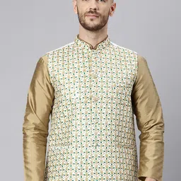 Hangup Men White & Gold-Coloured Embroidered Woven Nehru Jacket-picture-1
