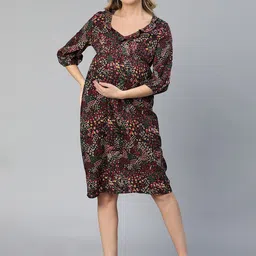 Oxolloxo Floral Printed V-Neck Ruffled Crepe Maternity A-Line Dress-image-95