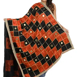 Exotic India Geometric Embroidered Art Silk Dupatta With Phulkari-picture-45