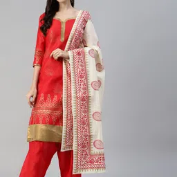 MBE Women Red Ethnic Motifs Colourblocked Dupion Silk Kurta with Salwar & With Dupatta-image-21