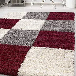 AaHo Decor Maroon & White Geometric Anti-Skid Shaggy Rectangular Carpet-picture-1