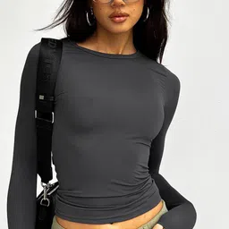 StyleCast Grey Round Neck Long Sleeves Fitted Crop Top-image-34