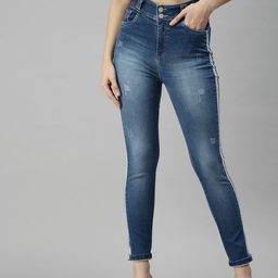 SHOWOFF Women Blue Slim Fit High-Rise Low Distressed Heavy Fade Stretchable Jeans-picture-23