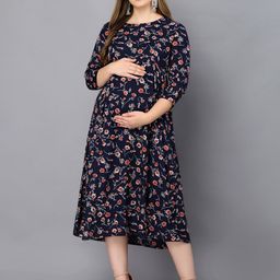 Vastralay Women Blue Floral Printed Maternity A-Line Midi Dress-picture-46