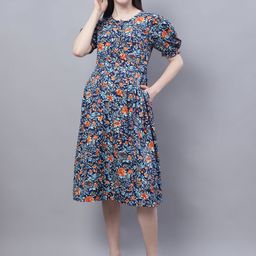 Moms Maternity Floral Print Puff Sleeve Crepe Maternity Fit & Flare Dress-image-38