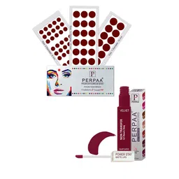 PERPAA Set Of 4 Dark Maroon Bindi Flaps & Power Stay Non Transfer Lipstick - Maroon-47