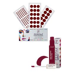 PERPAA Set Of 4 Dark Maroon Bindi Flaps & Power Stay Non Transfer Lipstick - Maroon-18