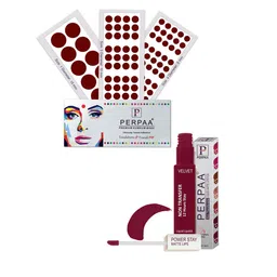 PERPAA Set Of 4 Dark Maroon Bindi Flaps & Power Stay Non Transfer Lipstick - Maroon-22