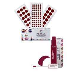 PERPAA Set Of 4 Dark Maroon Bindi Flaps & Power Stay Non Transfer Lipstick-5ml-Maroon-16