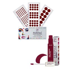 PERPAA Set Of 4 Dark Maroon Bindi Flaps & Power Stay Non Transfer Lipstick - Maroon-44