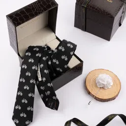 The Tie Hub Men Printed Necktie with Flower Lapel Pin Gift Set-56