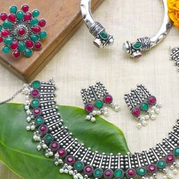 TEEJH Oxidised Silver-Plated Stone-Studded & Beaded Jewellery Set-image-35