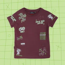 Gini and Jony Infant Boys Burgundy & Grey Pure Cotton Typography Printed T-shirt-image-54