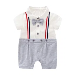 StyleCast Grey & White Infant Boys Striped Shirt Collar Cotton Romper-image-77
