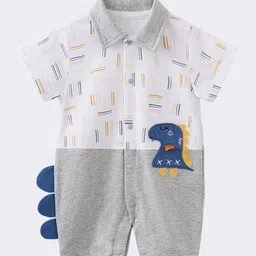 StyleCast Grey & White Infant Boys Printed Shirt Collar Cotton Rompers-image-47