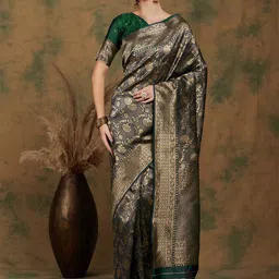 Sangria Green Floral Woven Design Zari Banarasi Saree-picture-36