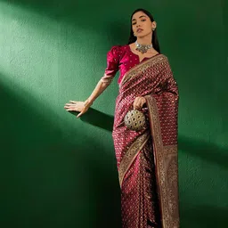 Sangria Red Ethnic Motifs Woven Design Zari Banarasi Saree-34