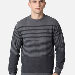 t-base Men Grey & Black Striped Cotton Pullover-image-79
