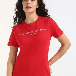 Tommy Hilfiger Women C-NK SS Typography Printed Round Neck Cotton T-shirt-image-89