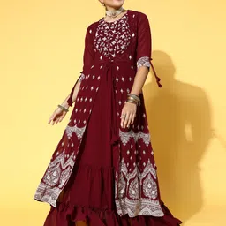 Sangria Ethnic Motifs Embroidered Layered Georgette Maxi Ethnic Dress-picture-10
