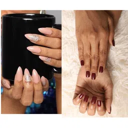 LICK Pack Of 2 Acrylic Press on Nails With Quick Dry Glue - Cherry Wood & Beige Sparkles-38
