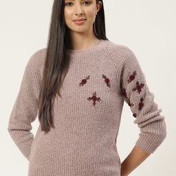 BROOWL Women Nude-Coloured & Maroon Floral Embroidered Pullover-image-9