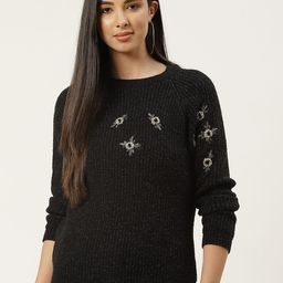 BROOWL Women Black & Grey Floral Embroidered Pullover-image-68