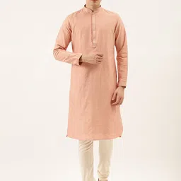 Manyavar Men Peach-Coloured & Beige Embroidered Kurta with Churidar-picture-39