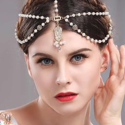 Yellow Chimes Women Gold-Plated White Pearl Studded Multi Layered Head Chain-image-78