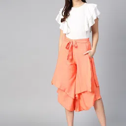 Bitterlime Women Off White & Peach-Coloured Ruffled Top with Layered Trousers-picture-8