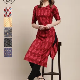 1 Stop Fashion Women Pack Of 6 Red & Off White Ethnic Motifs Printed Crepe Kurta-picture-10