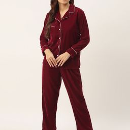 Rapra The Label Women Maroon Solid Velvet Pyjama Set-image-93
