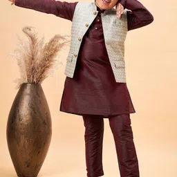 VASTRAMAY Boys Mandarin Collar Kurta With Pyjamas & Nehru Jacket-14
