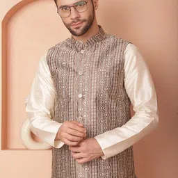 Jompers Regular Straight Kurta With Pyjamas & Woven Design Nehru Jacket image 1