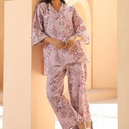 JISORA Purple Printed V-Neck Pure Cotton Tunic With Trousers-picture-11