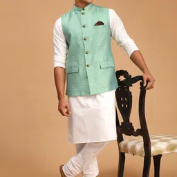 VASTRAMAY Mandarin Collar Regular Kurta With Churidar & Jacket-image-22