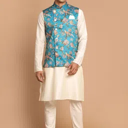 VASTRAMAY Mandarin Collar Straight Kurta with Churidar & Nehru Jacket-image-85