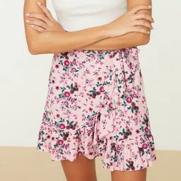 Trendyol Women Pink & Green Floral Print Ruffle Wrap Mini Skirt-image-30