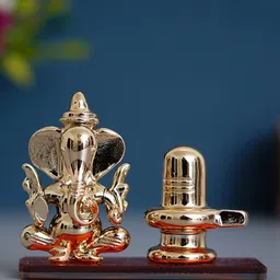 eCraftIndia Orange& Gold-Toned Lord Ganesha with Shivling Crystal Statue-2