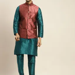 SOJANYA Men Teal Kurta with Churidar & Nehru Jacket-picture-0