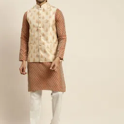 SOJANYA Men Rust Ethnic Motifs Kurta with Pyjamas & Nehru Jacket-image-64